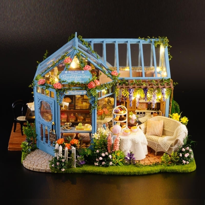 DIY Cabin Rose Garden Tea House Handmade Doll House Model With Dust Cover Music Motor Image 4