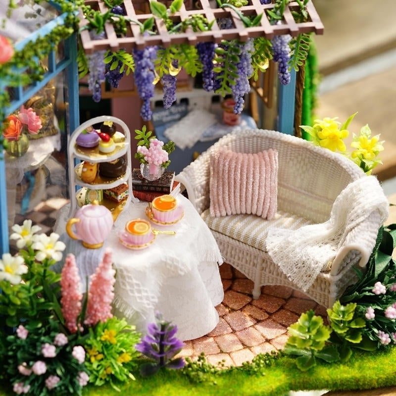 DIY Cabin Rose Garden Tea House Handmade Doll House Model With Dust Cover Music Motor Image 9