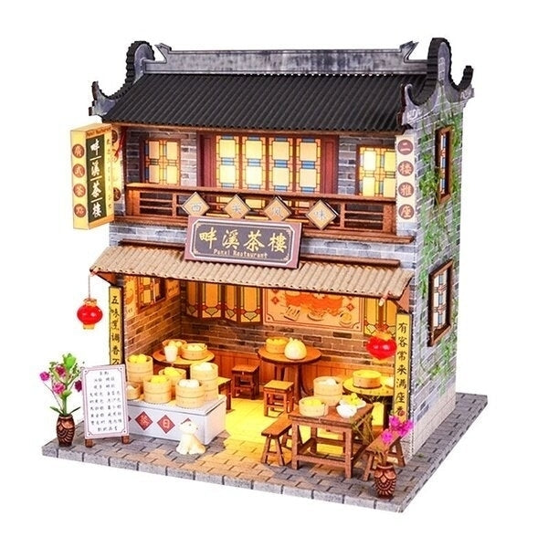 DIY Wooden With Furniture LED Light Kits Miniature Chinese Teahouse Building Model Puzzle Toy Festival Gift Image 1