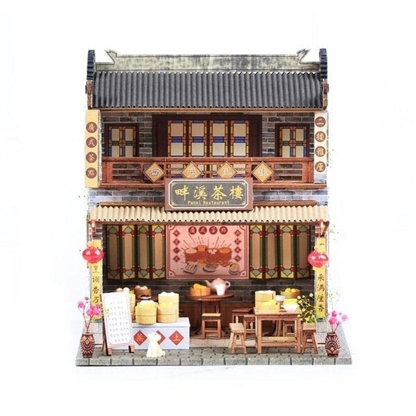 DIY Wooden With Furniture LED Light Kits Miniature Chinese Teahouse Building Model Puzzle Toy Festival Gift Image 2