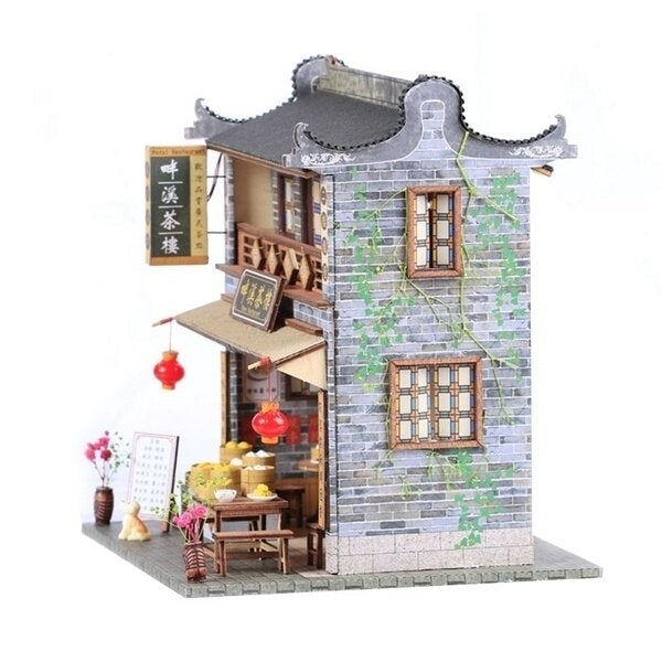 DIY Wooden With Furniture LED Light Kits Miniature Chinese Teahouse Building Model Puzzle Toy Festival Gift Image 3