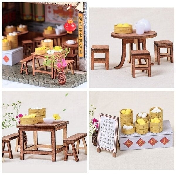 DIY Wooden With Furniture LED Light Kits Miniature Chinese Teahouse Building Model Puzzle Toy Festival Gift Image 4