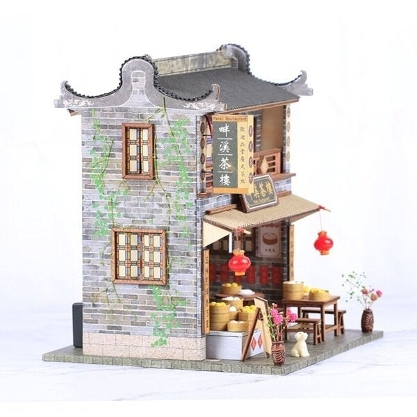 DIY Wooden With Furniture LED Light Kits Miniature Chinese Teahouse Building Model Puzzle Toy Festival Gift Image 6