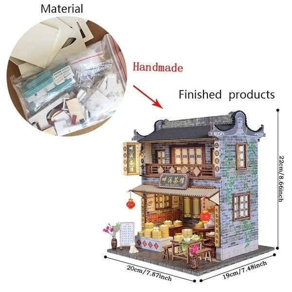 DIY Wooden With Furniture LED Light Kits Miniature Chinese Teahouse Building Model Puzzle Toy Festival Gift Image 7
