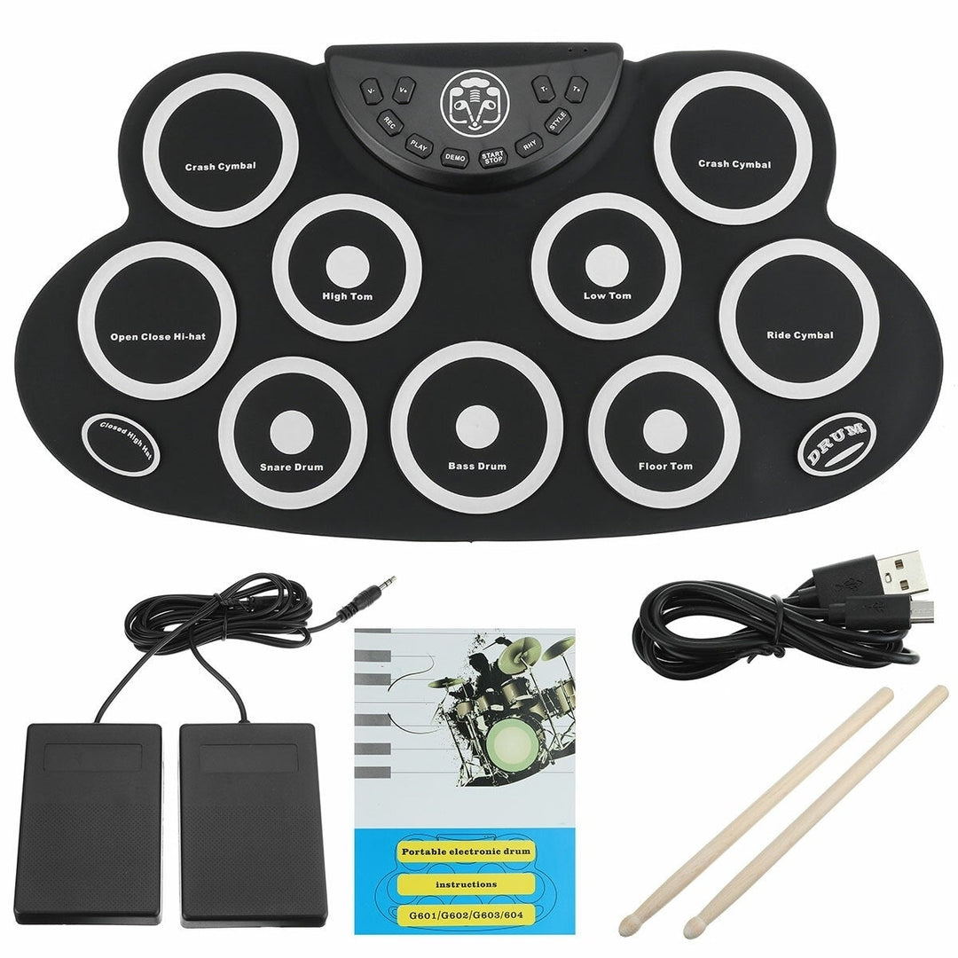 Electric Drum 9 Drum Pads Silicone Plastic Pad wFoot Pedals Drumsticks USB 5V Image 10