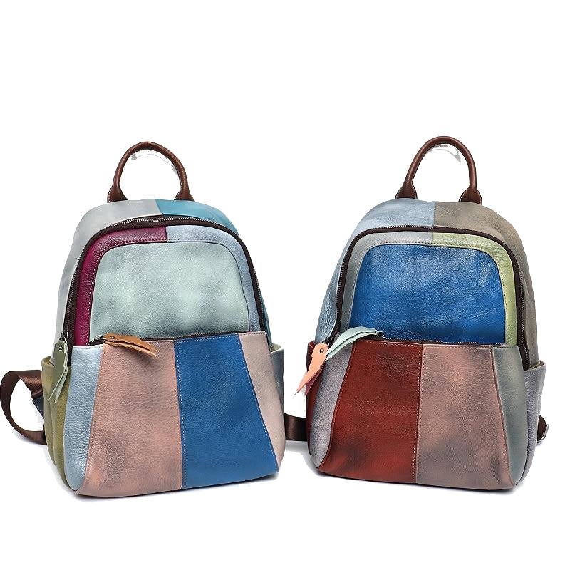 Fashion Colorful Genuine Leather Patchwork Backpack For Women Casual Multipocket Shoulder Bag Teenage Cowhide School Image 1