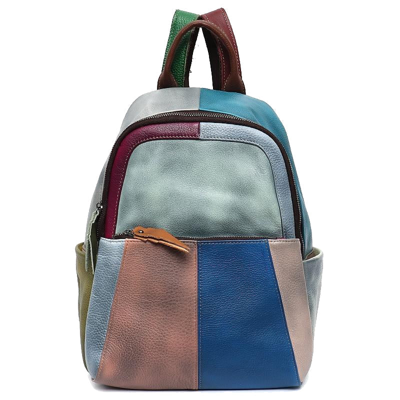 Fashion Colorful Genuine Leather Patchwork Backpack For Women Casual Multipocket Shoulder Bag Teenage Cowhide School Image 2