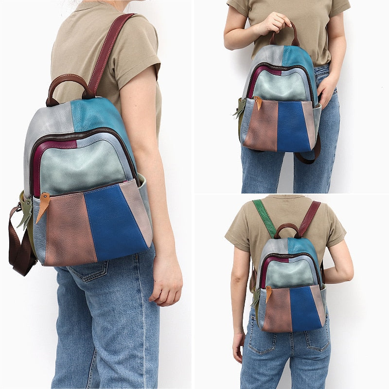 Fashion Colorful Genuine Leather Patchwork Backpack For Women Casual Multipocket Shoulder Bag Teenage Cowhide School Image 3