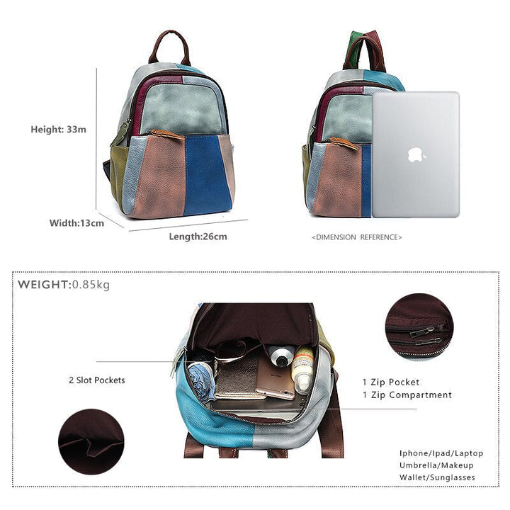 Fashion Colorful Genuine Leather Patchwork Backpack For Women Casual Multipocket Shoulder Bag Teenage Cowhide School Image 4