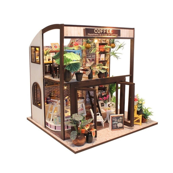Handcraft DIY Doll House Time Cafe House Wooden Miniature Furniture LED Light Gift Image 1