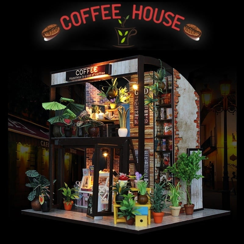 Handcraft DIY Doll House Time Cafe House Wooden Miniature Furniture LED Light Gift Image 2