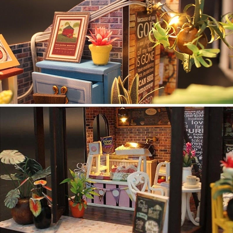 Handcraft DIY Doll House Time Cafe House Wooden Miniature Furniture LED Light Gift Image 3