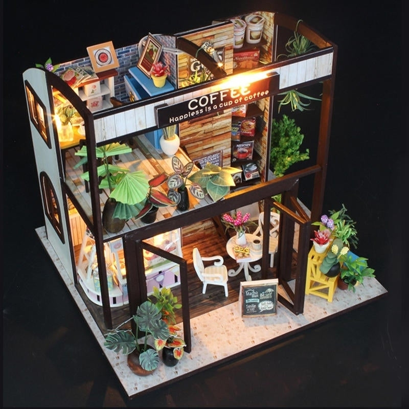 Handcraft DIY Doll House Time Cafe House Wooden Miniature Furniture LED Light Gift Image 6