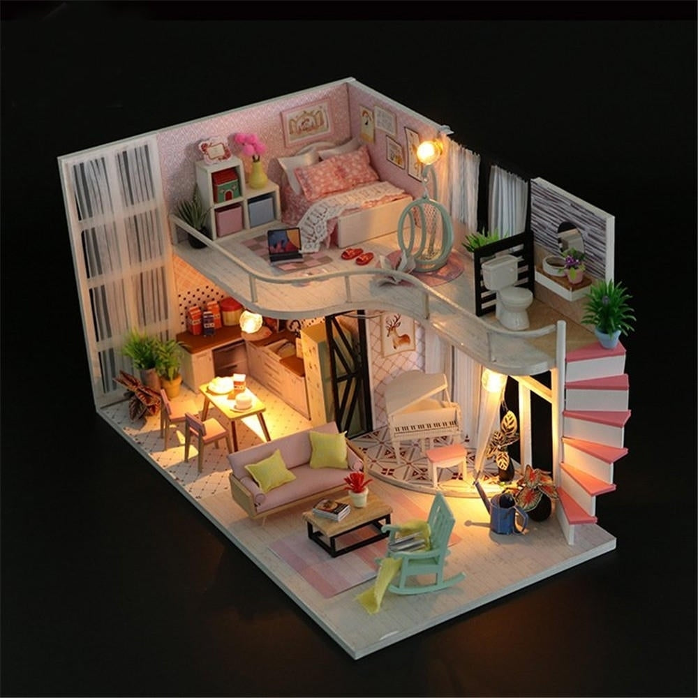 Handmake DIY Wood Miniature Doll House With Dust Cover Image 2