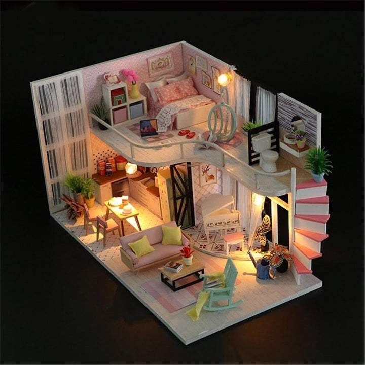 Handmake DIY Wood Miniature Doll House With Dust Cover Image 2