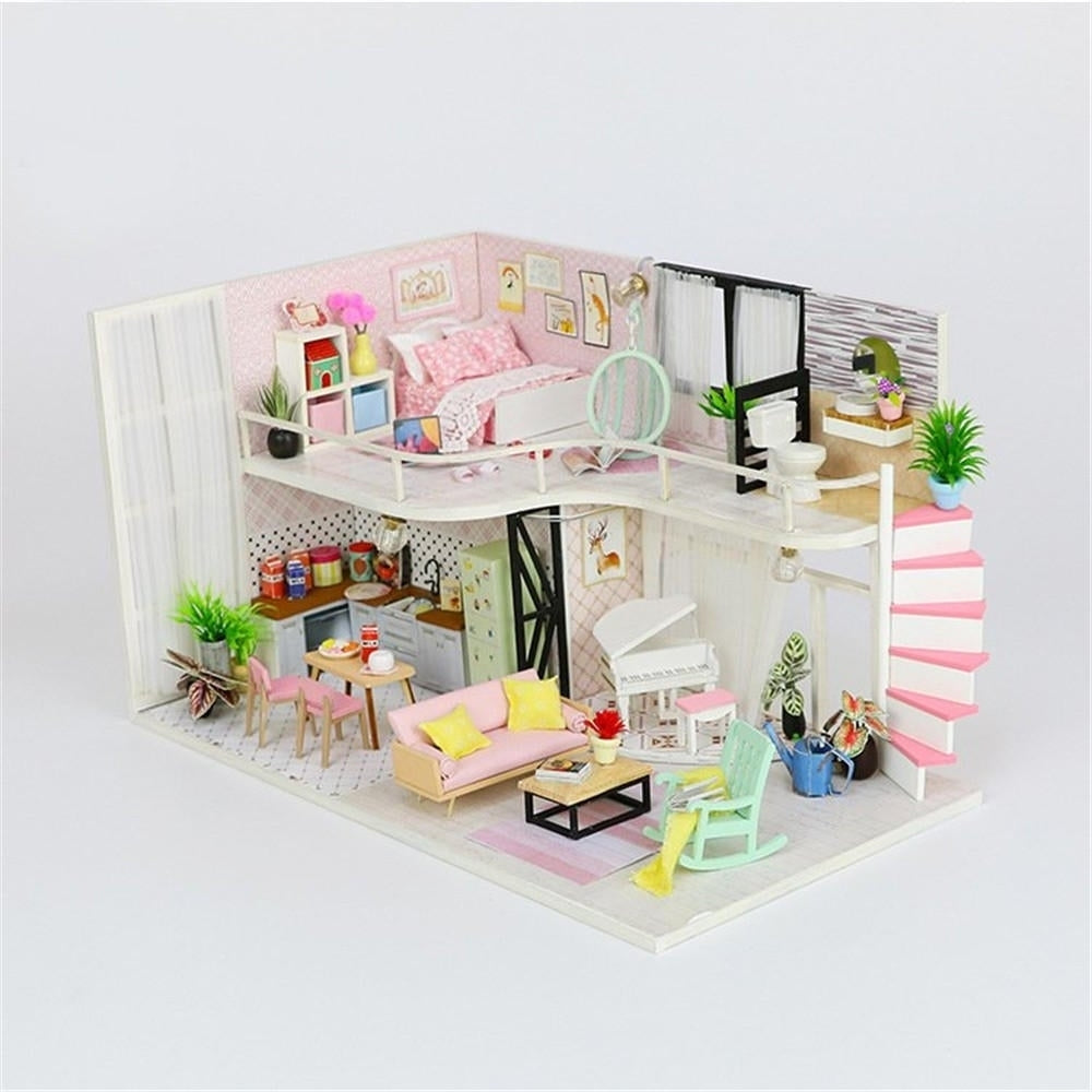 Handmake DIY Wood Miniature Doll House With Dust Cover Image 3