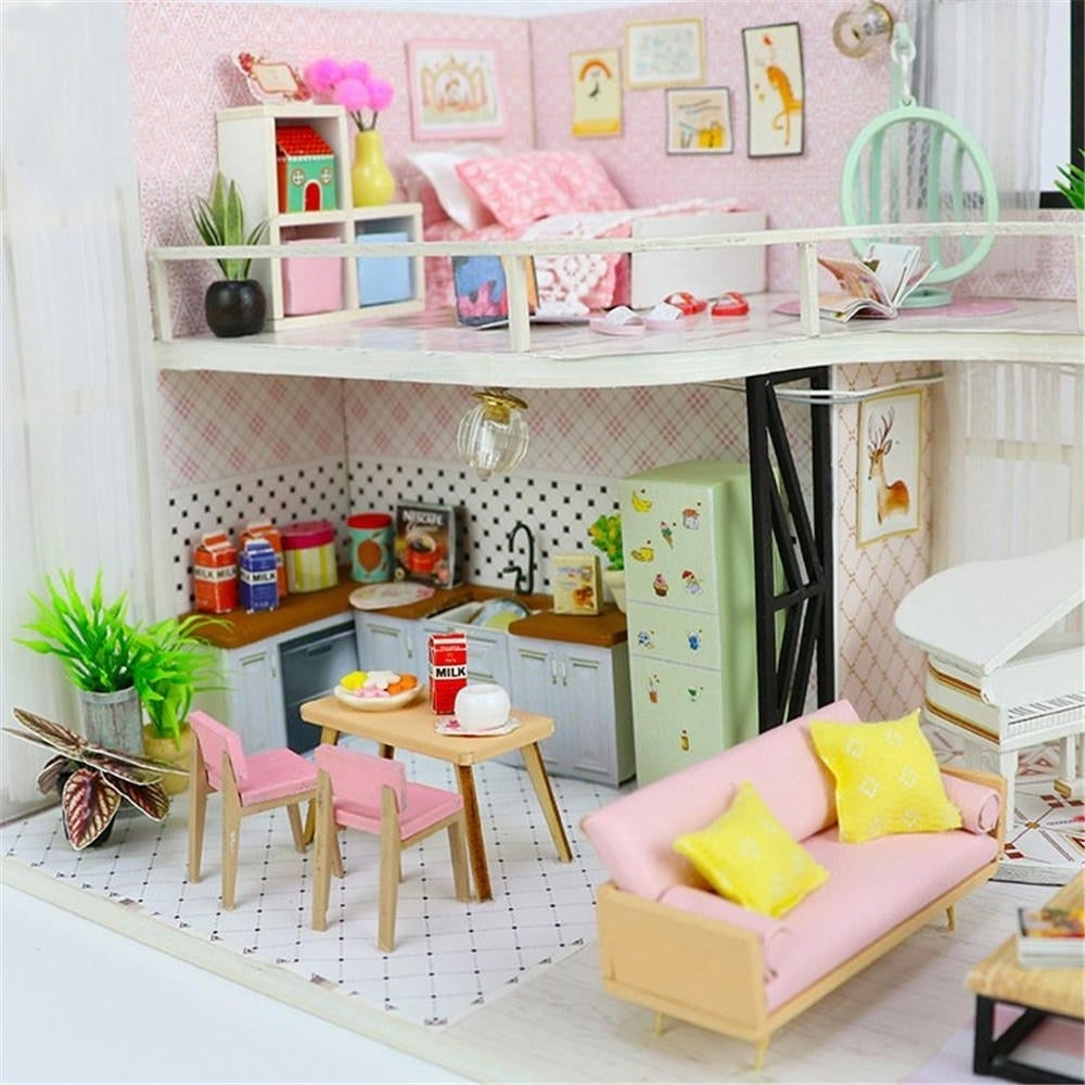 Handmake DIY Wood Miniature Doll House With Dust Cover Image 4