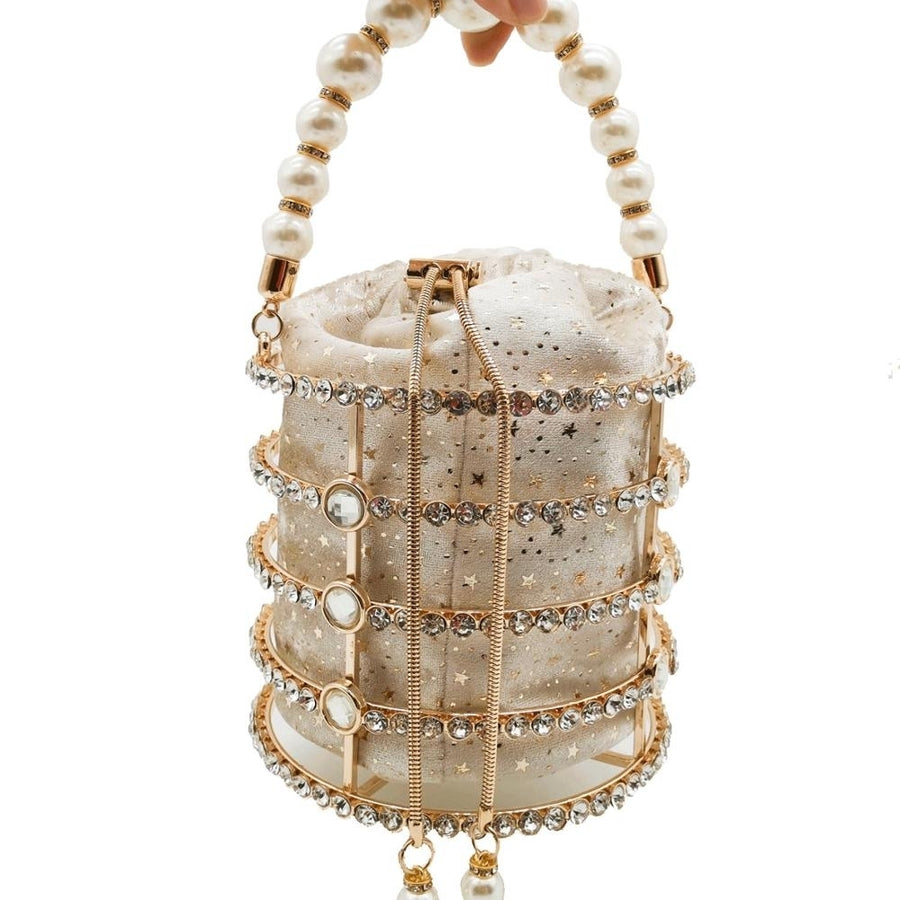 Hollow Out Pearl Bucket Evening Bag Women Luxury Designer Handmade Alloy Metallic Clutch Bag Image 1