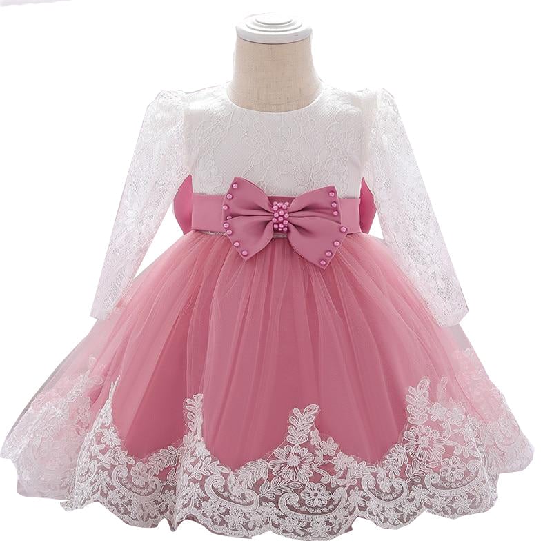 Long Sleeve Infant Baby Girl Dress Lace Flower Baptism Dresses for Girls DTTT Image 1