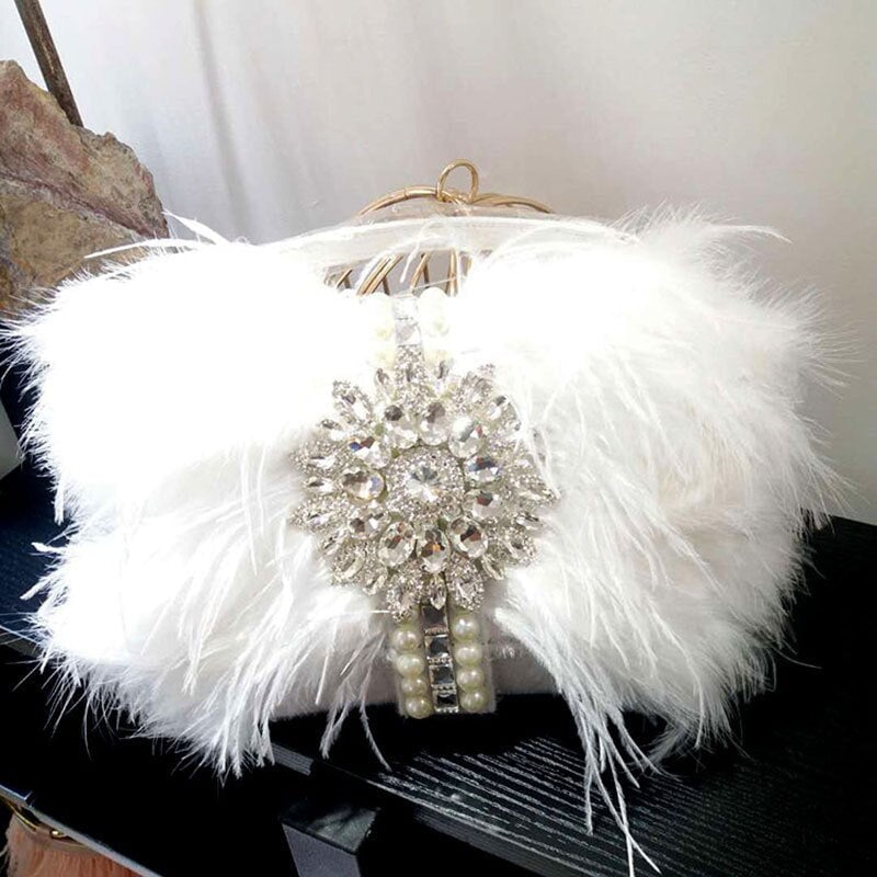 Luxury Real Ostrich Feathers Handbag Evening Bags Womens Pouch Purse Luxury Diamond Women Bags Evening Party Clutch Bag Image 1