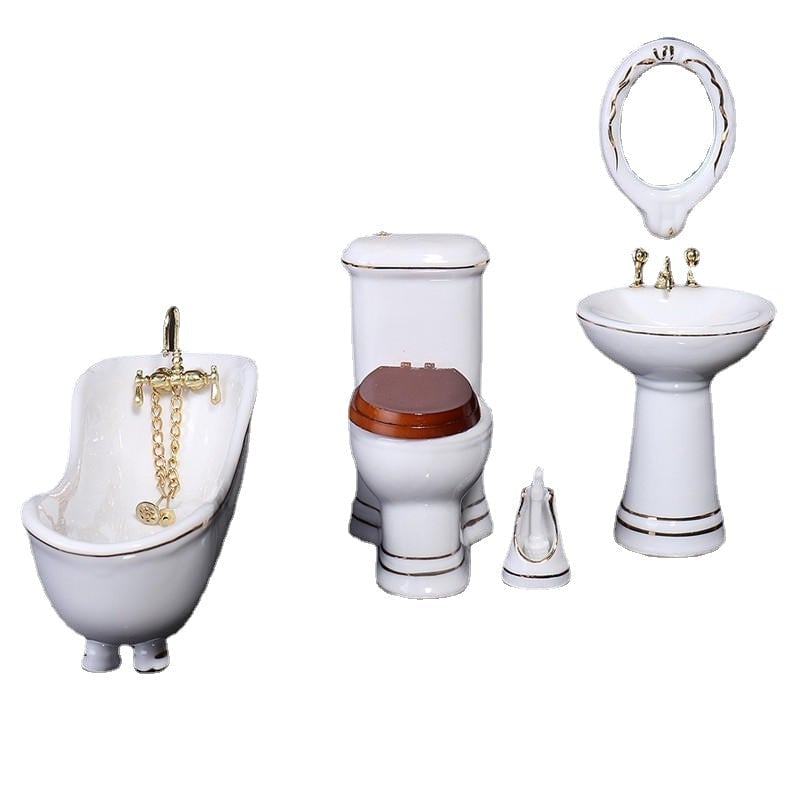 Miniature Ceramic Bathroom Set Supplies Suites 1:12 Scale Kids Gift Image 1