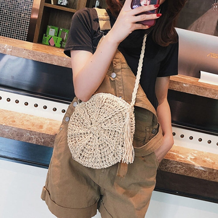 Round Lady Handmade Knitted Woven Rattan Bags Straw Messenger National Handbags Image 3