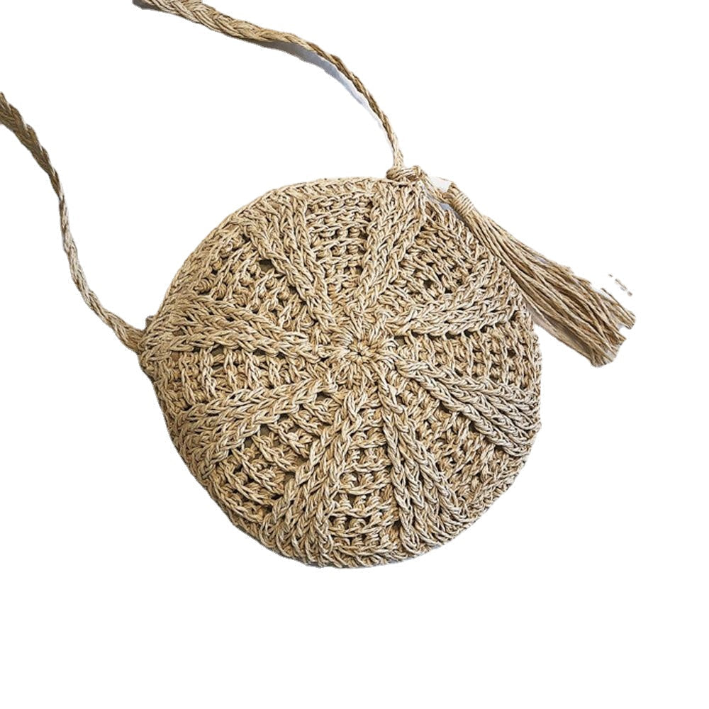 Round Lady Handmade Knitted Woven Rattan Bags Straw Messenger National Handbags Image 4
