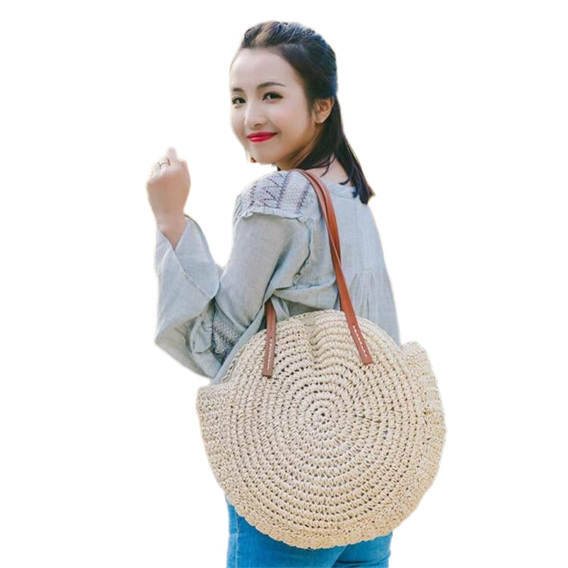 Round Straw Handmade Woven Shoulder Bag Raffia circle Vacation Casual Bags Image 11