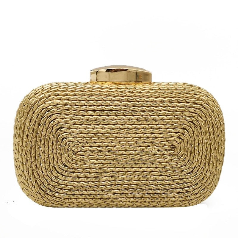 Straw Clutches Gold Evening Bag Woven Knited PU Metal Clutch Hard Case Ladies Chain Shoulder Handbag Image 1