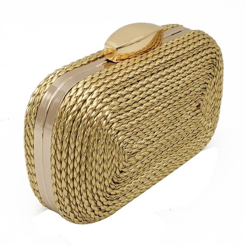 Straw Clutches Gold Evening Bag Woven Knited PU Metal Clutch Hard Case Ladies Chain Shoulder Handbag Image 2