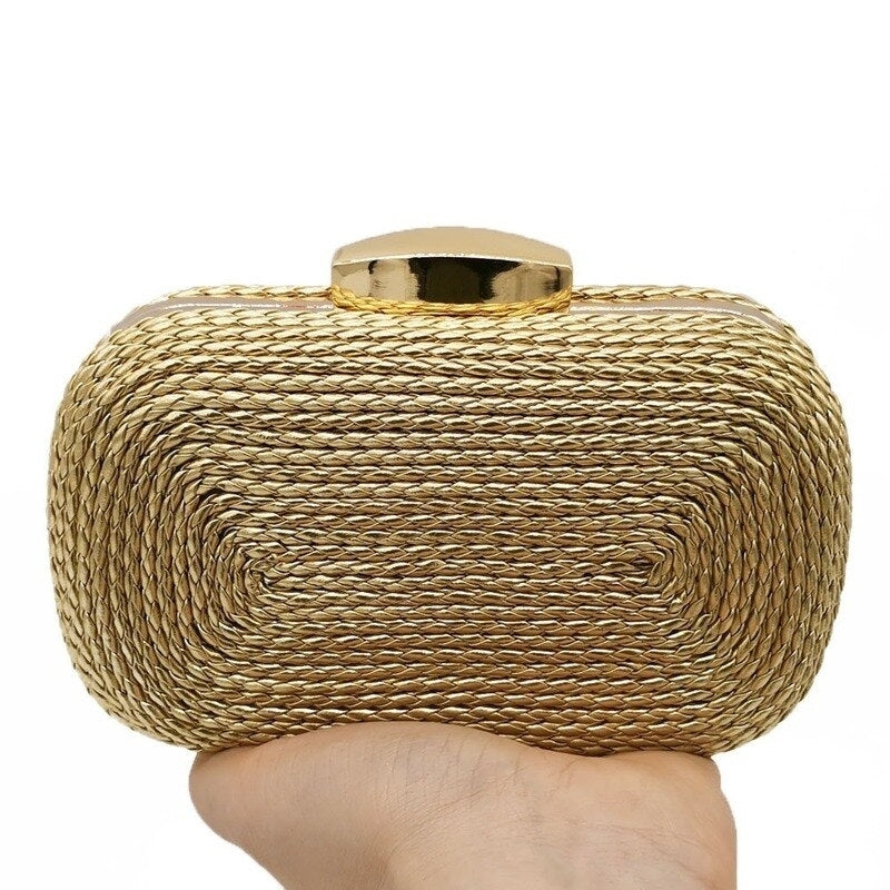Straw Clutches Gold Evening Bag Woven Knited PU Metal Clutch Hard Case Ladies Chain Shoulder Handbag Image 3