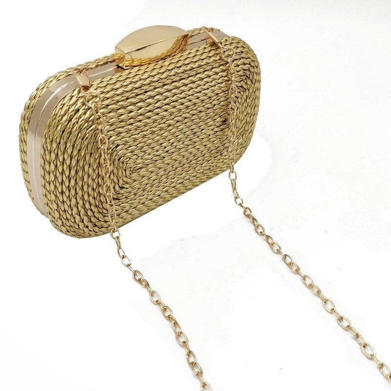 Straw Clutches Gold Evening Bag Woven Knited PU Metal Clutch Hard Case Ladies Chain Shoulder Handbag Image 4