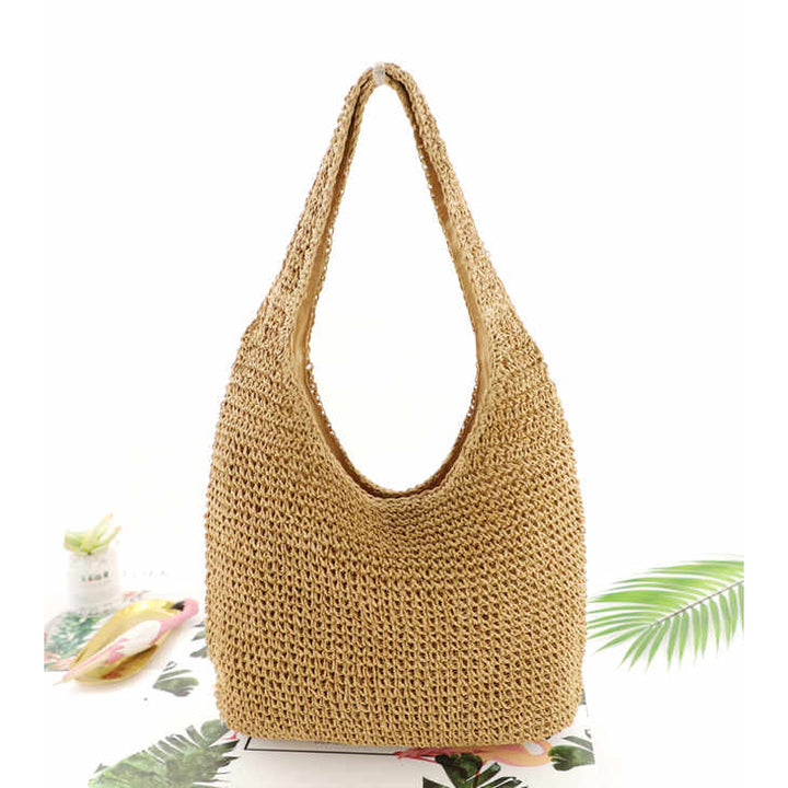 Summer Straw Beach Bag Vintage Handmade Woven Shoulder Bag Solid Color Bohemian Vacation Casual Travel Bag Image 4