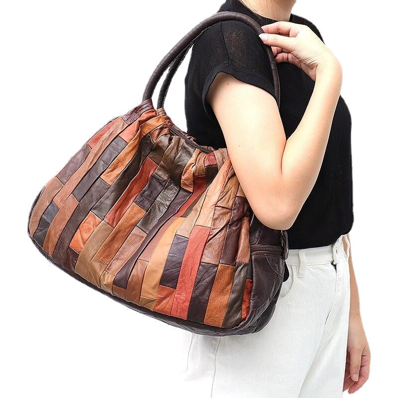 Vintage Leather Patchwork Women Shoulder Bag Casual Large Sheepskin Hobo Retro Style Female Travel Handbags DTTT Image 1