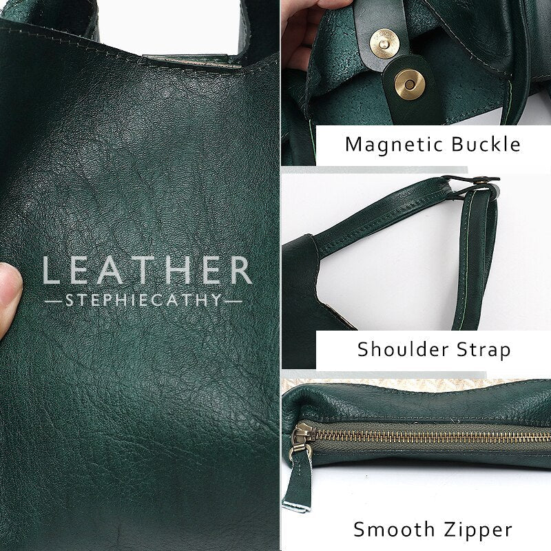 Vintage Genuine Leather Bucket Bags For Women Luxury Retro Top-handle Basket Female Casual Crossbody Shoulder Handbags Image 3