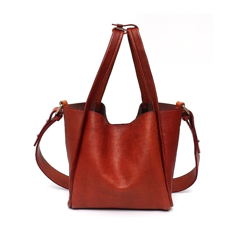 Vintage Genuine Leather Bucket Bags For Women Luxury Retro Top-handle Basket Female Casual Crossbody Shoulder Handbags Image 1