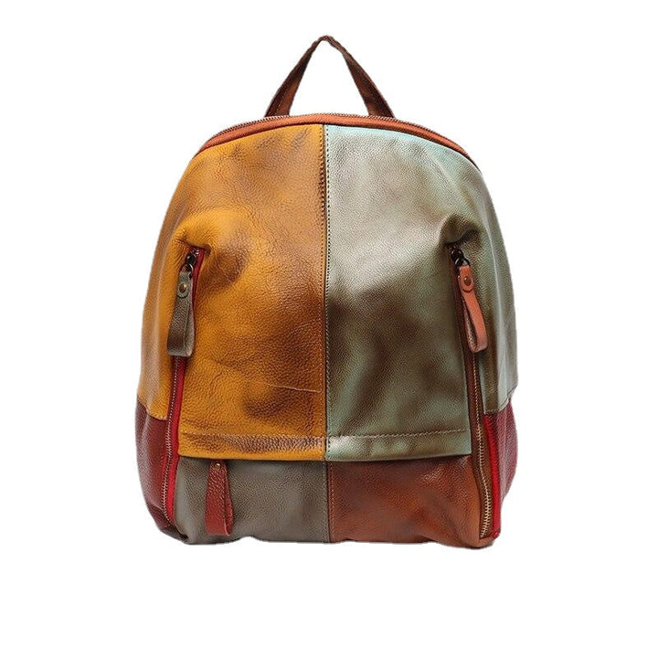 Vintage Patchwork Real Leather Women Backpacks Travel Shoulder Bags School Pack Retro Color Plaid Functional Pockets Image 4