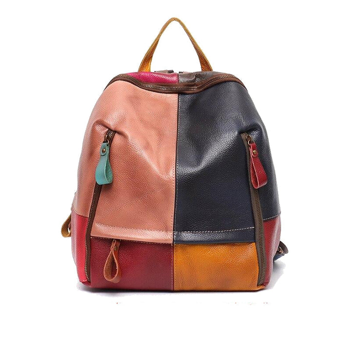 Vintage Patchwork Real Leather Women Backpacks Travel Shoulder Bags School Pack Retro Color Plaid Functional Pockets Image 4