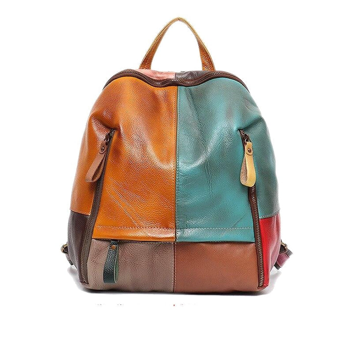 Vintage Patchwork Real Leather Women Backpacks Travel Shoulder Bags School Pack Retro Color Plaid Functional Pockets Image 1