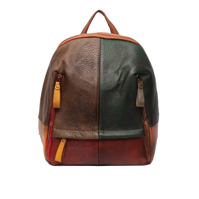 Vintage Patchwork Real Leather Women Backpacks Travel Shoulder Bags School Pack Retro Color Plaid Functional Pockets Image 7