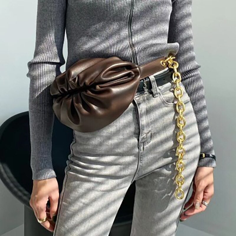 Waist Bag Women Cowhide Leather with Big Metal Adjustable Chains Decoration Cloud Chest Bag Image 11