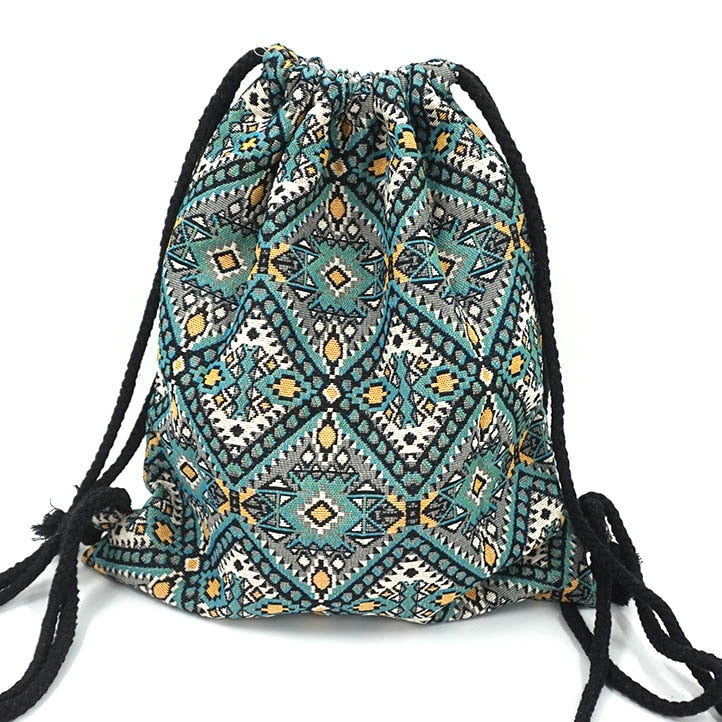 Women Fabric Backpack Female Gypsy Bohemian Boho Chic Aztec Ibiza Tribal Ethnic Brown Drawstring Rucksack Bags Image 2