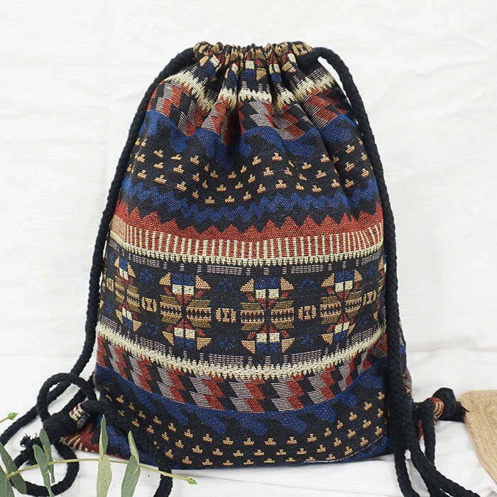 Women Fabric Backpack Female Gypsy Bohemian Boho Chic Aztec Ibiza Tribal Ethnic Brown Drawstring Rucksack Bags Image 4