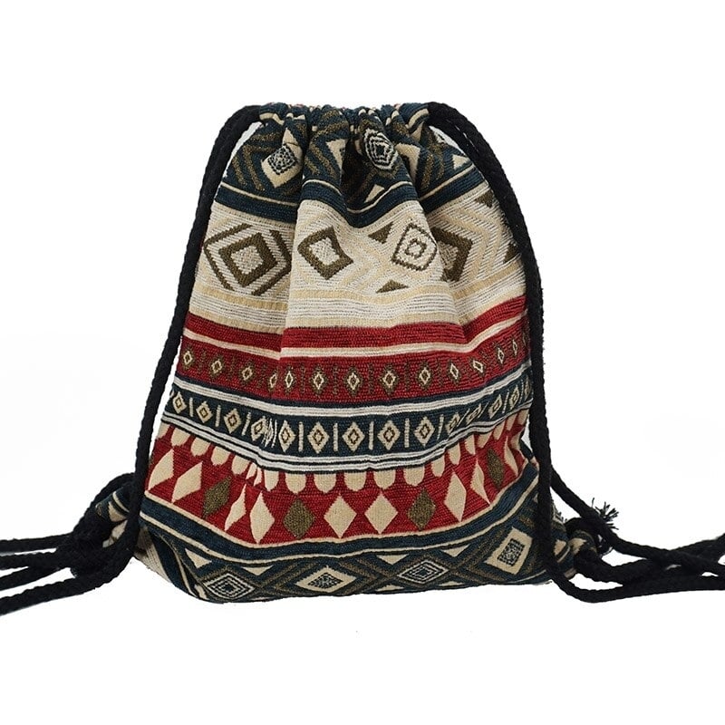 Women Fabric Backpack Female Gypsy Bohemian Boho Chic Aztec Ibiza Tribal Ethnic Brown Drawstring Rucksack Bags DTTT Image 1