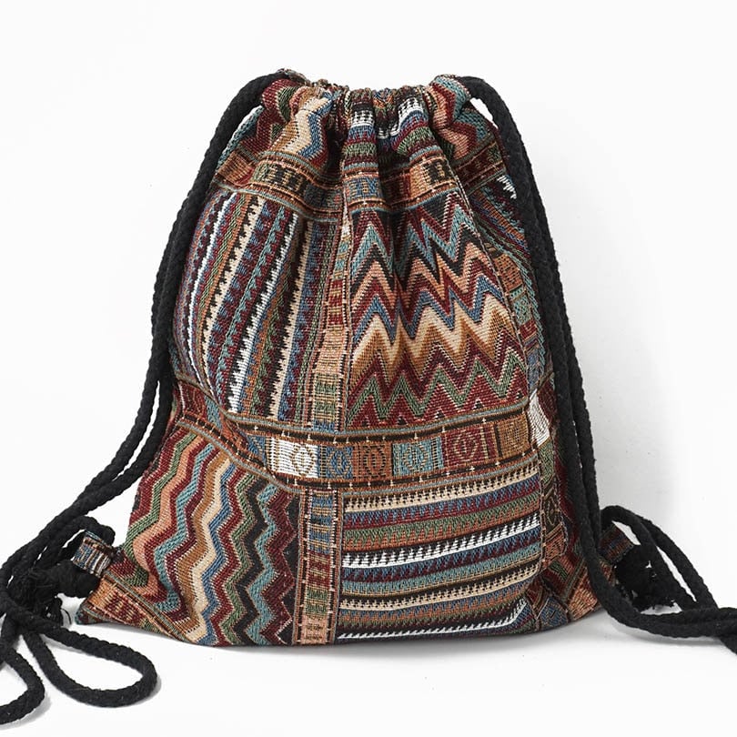 Women Fabric Backpack Female Gypsy Bohemian Boho Chic Aztec Ibiza Tribal Ethnic Brown Drawstring Rucksack Bags DTTT Image 1