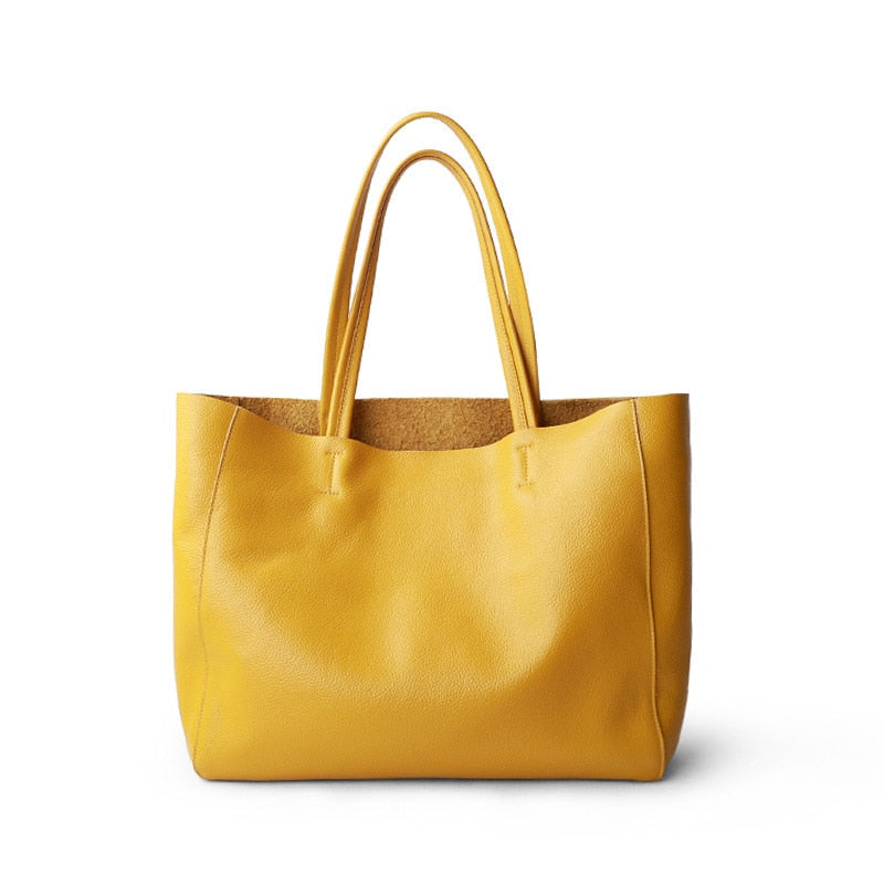 Women Luxury Bag Casual Tote Female Lemon Yellow Fashion Shoulder Handbag Lady Cowhide Genuine Leather Shoulder Shopping Image 1