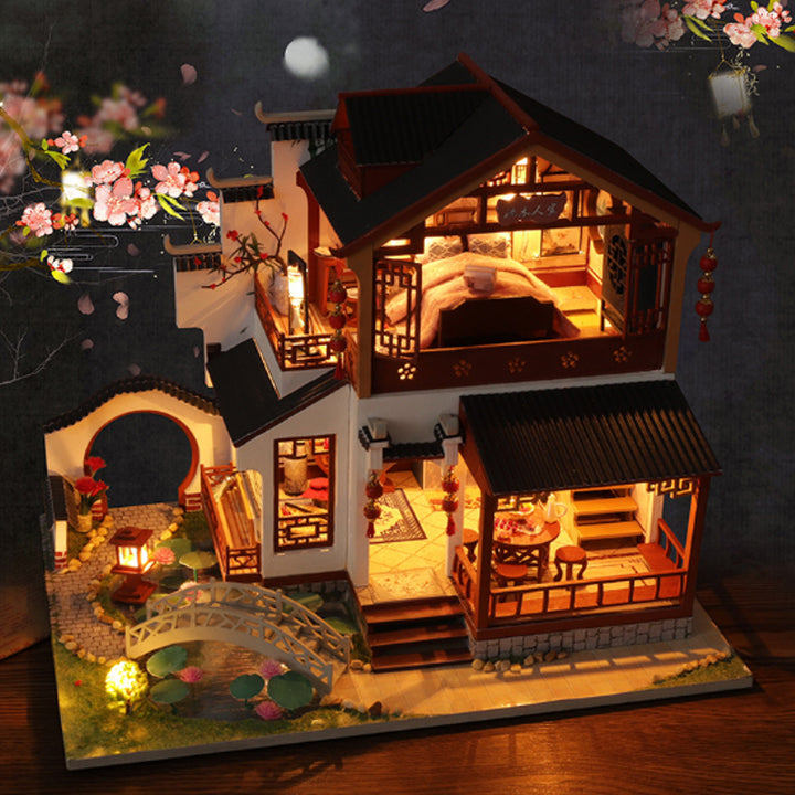 Wooden DIY Doll House With Furniture Retro Chinese Style Antique Architecture Loft Doll House Indoor Toys Image 2