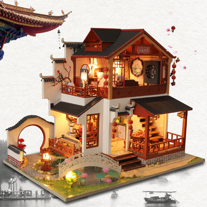 Wooden DIY Doll House With Furniture Retro Chinese Style Antique Architecture Loft Doll House Indoor Toys Image 3