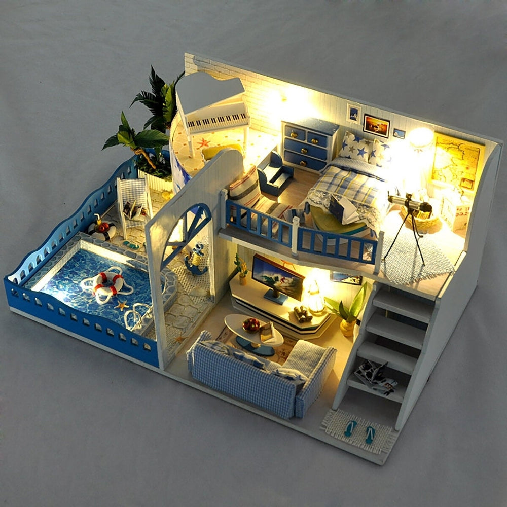 Wooden DIY Handmade Assemble Miniature Doll House Kit Toy with Furniture LED Light Music and Glass Dust Cover for Gift Image 2