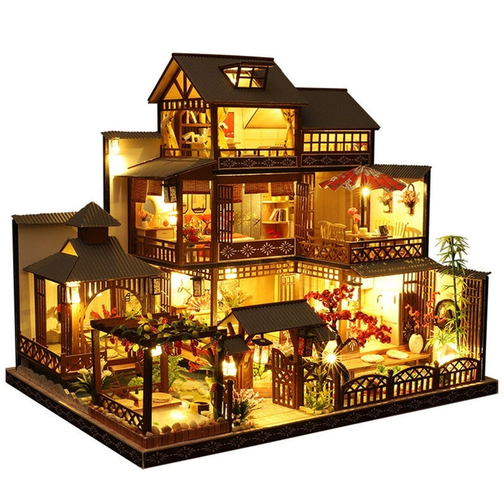 Wooden DIY Japanese Villa Doll House Miniature Kits Handmade Assemble Toy with Furniture LED Light for Gift Collection Image 1